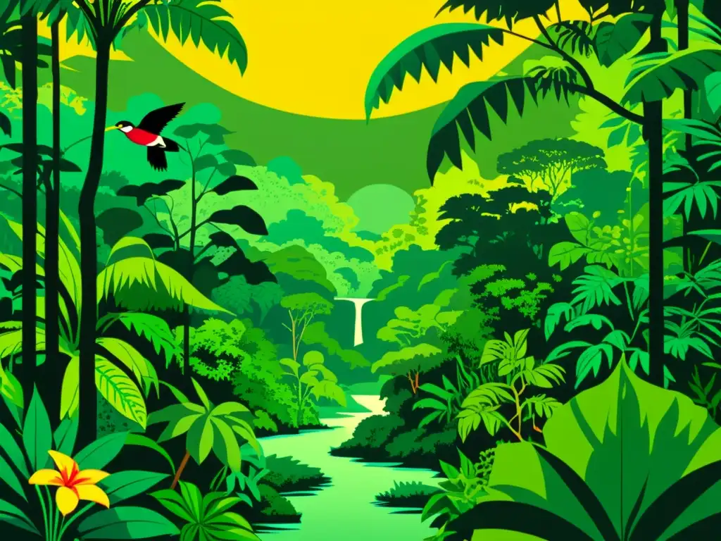 Un ilustración en estilo vintage de la exuberante selva amazónica, con flora y fauna exótica, patrones inspirados en la Amazonía