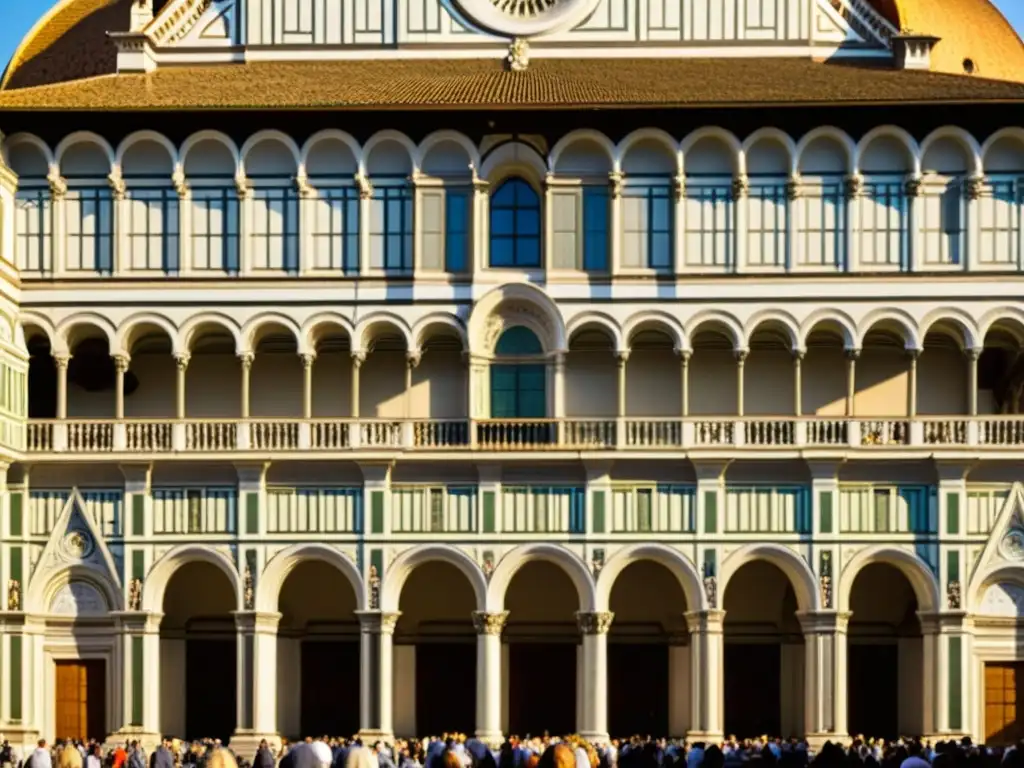 Una fotografía de alta resolución y estilo vintage de la Piazza del Duomo en Florencia, mostrando la arquitectura simétrica y proporcionada de los edificios renacentistas