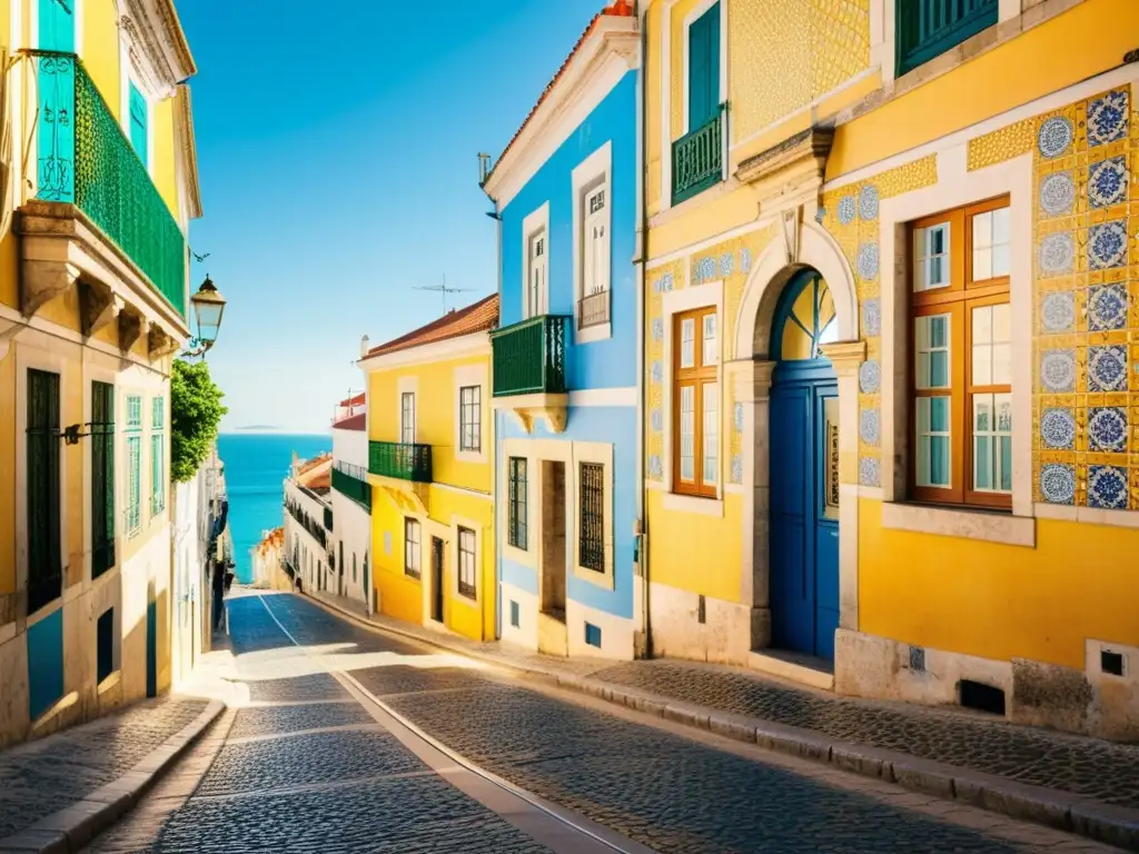 Estrecha calle empedrada en Lisboa, con patrones azulejos