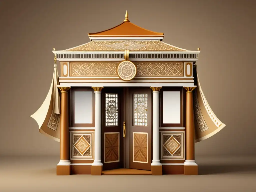 Elegante fusión de arquitectura y moda en tonos cálidos Una ilustración vintage de una estructura arquitectónica portátil adornada con patrones geométricos y detalles ornamentales, fusionando la moda y la arquitectura con elegancia atemporal