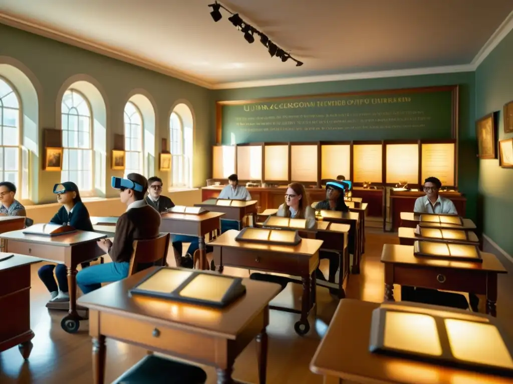 Estudiantes en aula vintage con Realidad Aumentada conservación patrimonio artístico