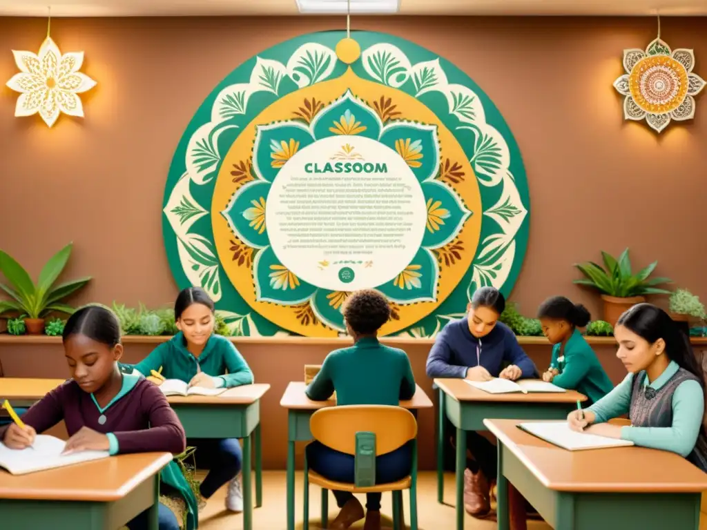 Estudiantes concentrados coloreando mandalas en un aula acogedora