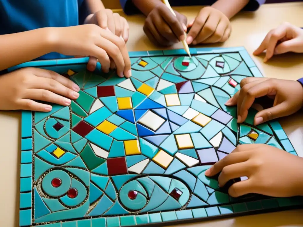 Estudiantes concentrados creando mosaicos árabes en clase