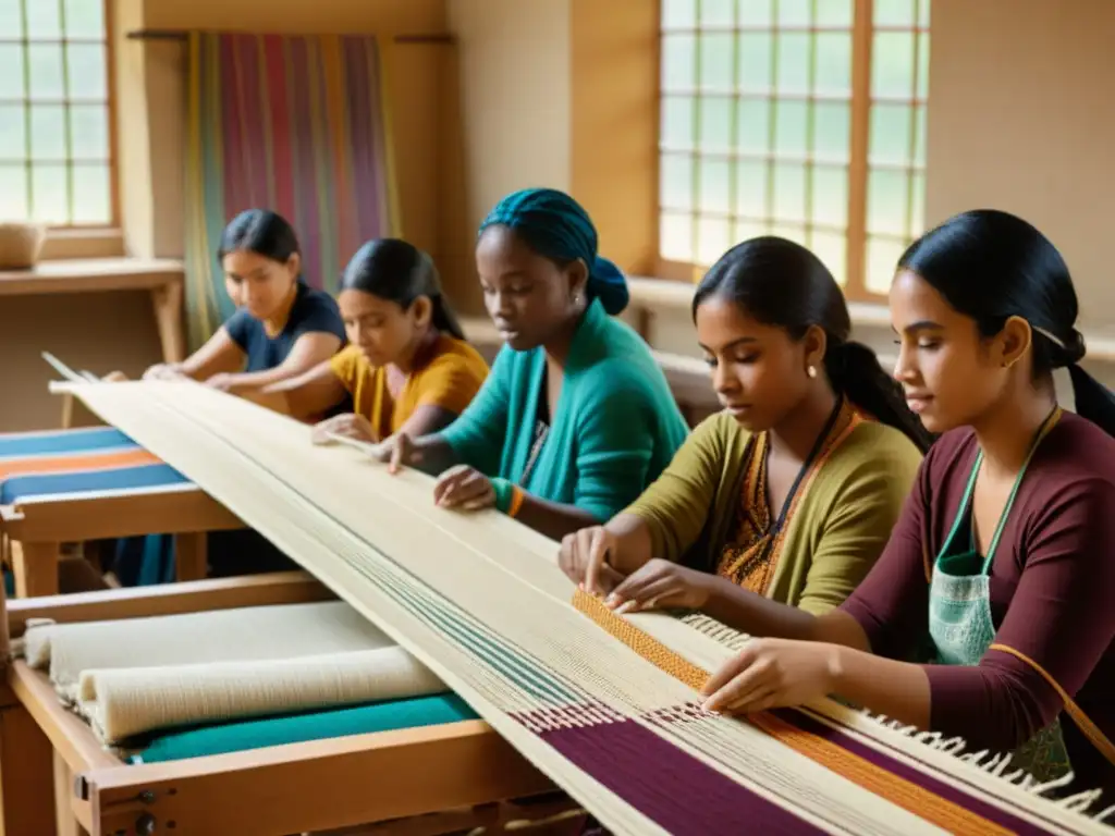 Estudiantes de diferentes culturas tejiendo patrones textiles en un taller de intercambios internacionales, evocando nostalgia y colaboración