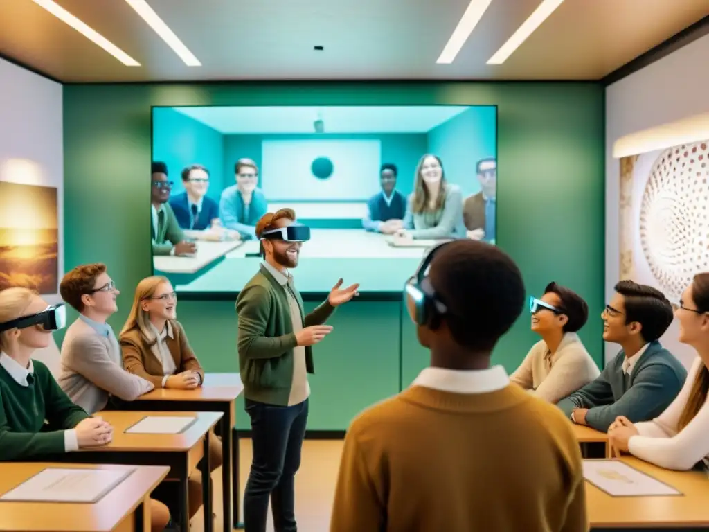 Estudiantes usando gafas de realidad aumentada en clase de arte vintage