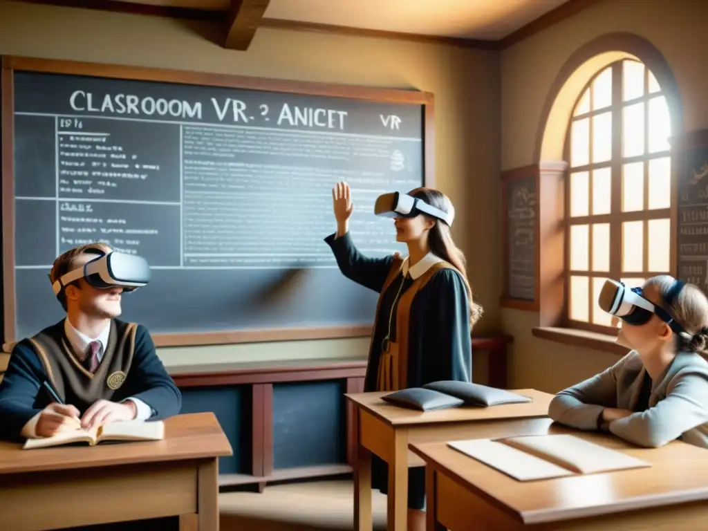 Estudiantes inmersos en realidad virtual de una ciudad histórica, integrando patrones históricos con tecnología