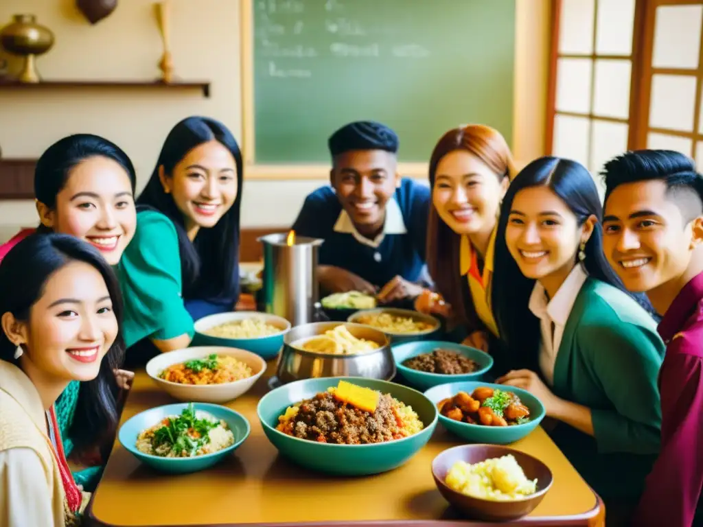 Estudiantes internacionales compartiendo una comida, destacando patrones culturales internacionales en una atmósfera cálida y acogedora