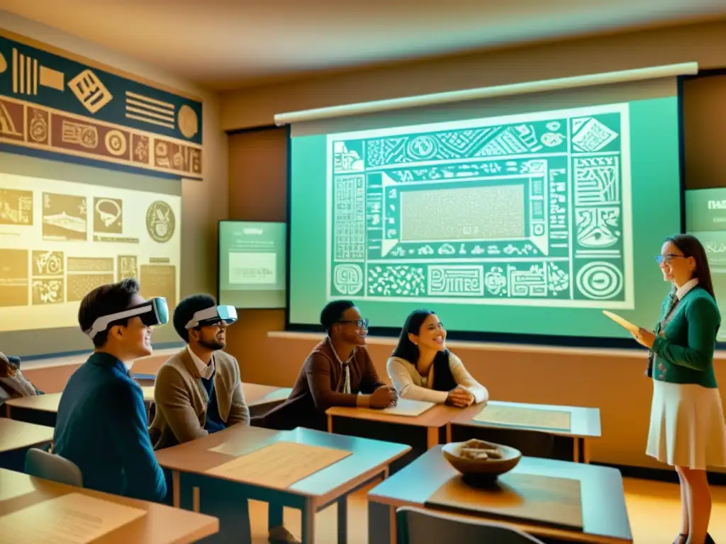 Estudiantes exploran patrones ancestrales con realidad aumentada en aula vintage, guiados por sonriente maestro