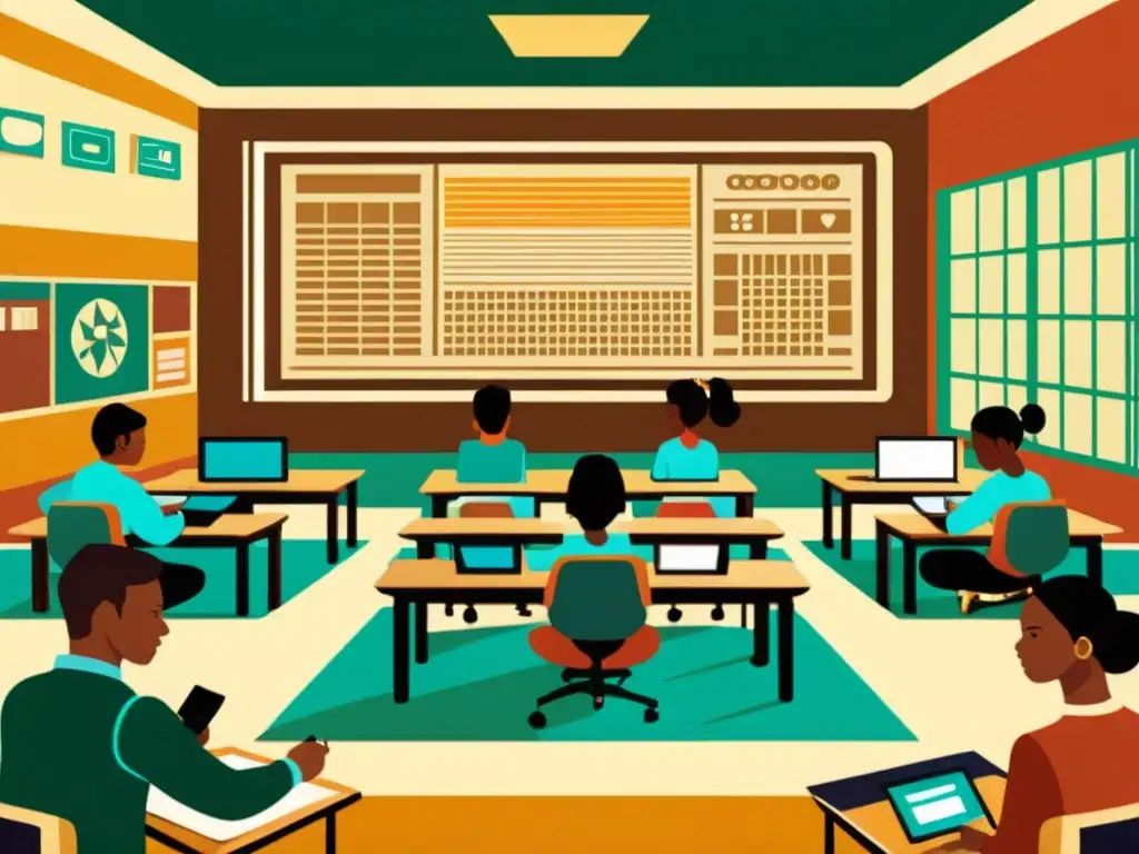 ilustración vintage de educación virtual con estudiantes y patrones artísticos en cálidos tonos, fusionando tecnología y tradición cultural