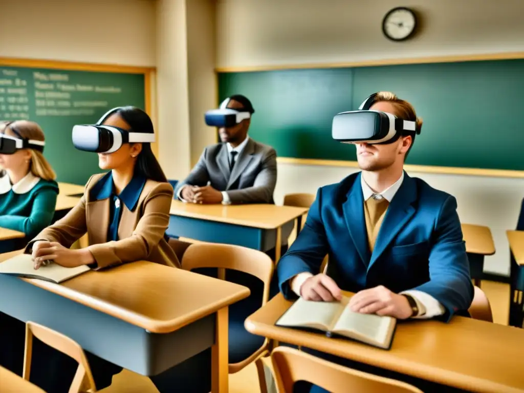 Estudiantes explorando patrones históricos mediante realidad virtual en una clase vintage