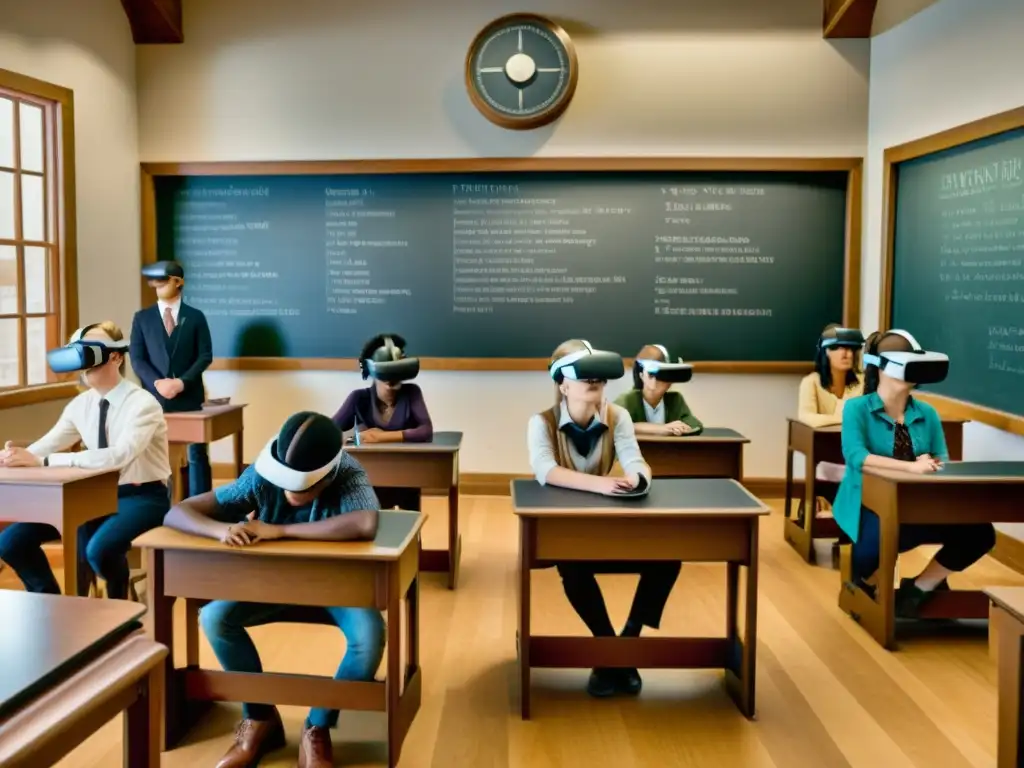 Estudiantes explorando patrones históricos mediante realidad virtual en un aula vintage