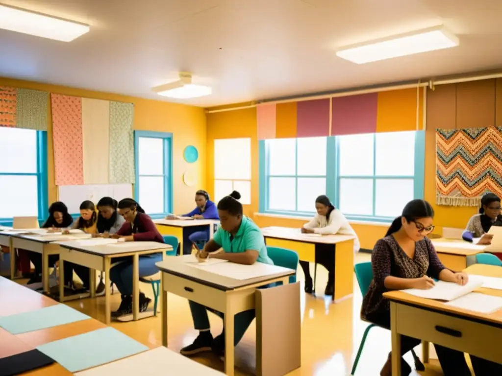 Taller de creación de patrones: alumnos entusiastas en aula vintage Estudiantes de secundaria participan animadamente en taller de creación de patrones, rodeados de color y creatividad