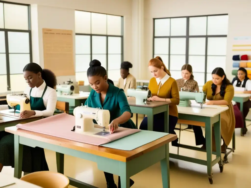Workshop de Costura para Adolescentes en un Aula Vintage Estudiantes de secundaria en taller de creación de patrones con telas coloridas y máquinas de coser, ambiente cálido y vintage
