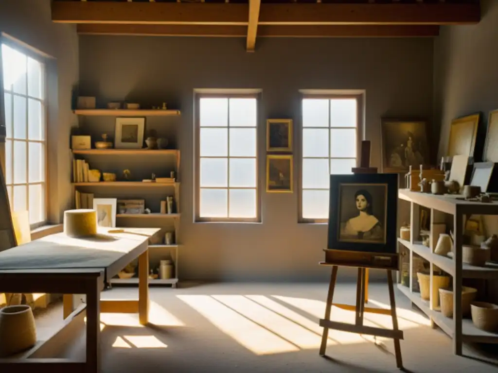 Un estudio de arte en sepia, con obras olvidadas y polvorientas, iluminado por la luz del sol