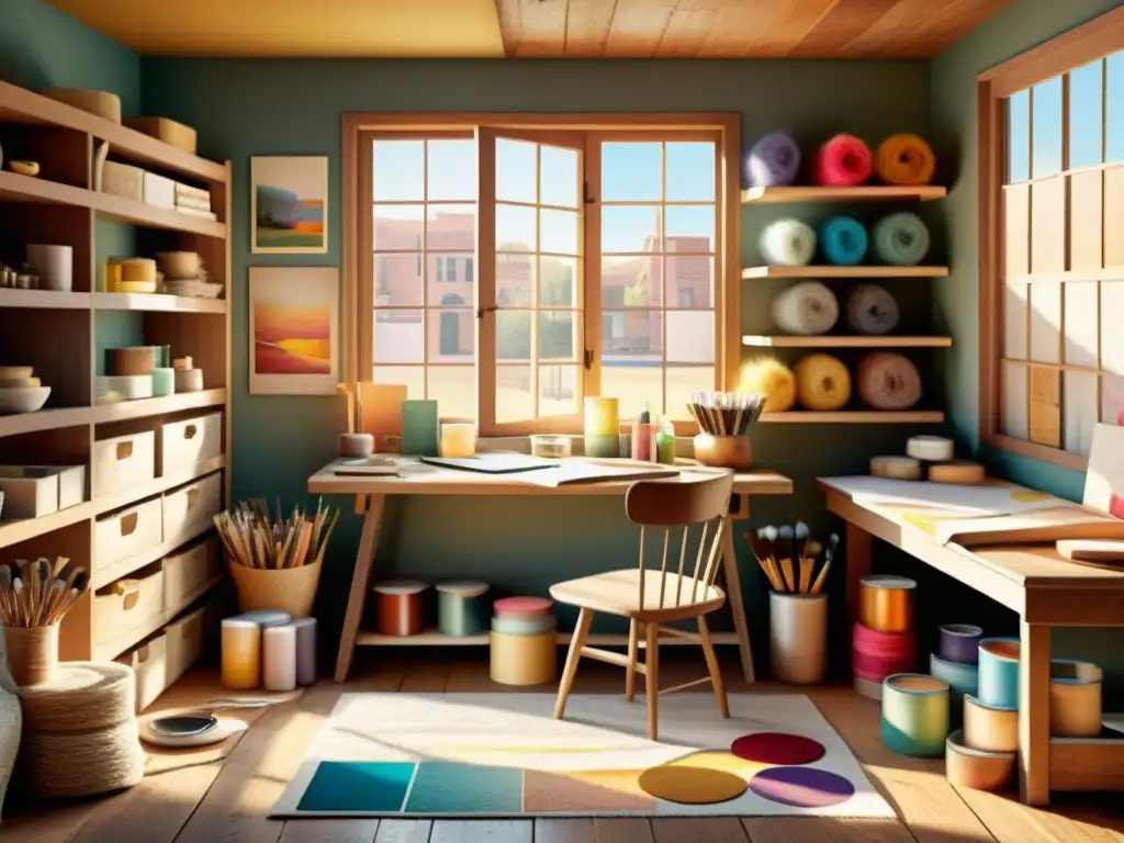 Estudio de artista con paletas de pintura, pinceles y bocetos en una mesa de madera