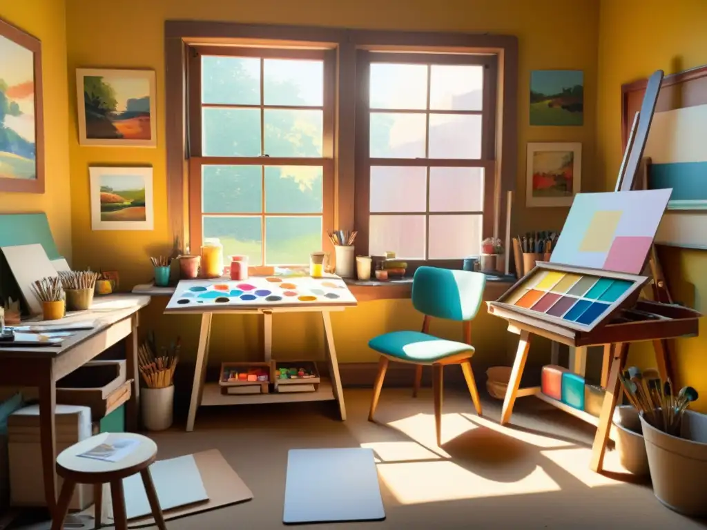 Un estudio de artista vintage con paletas de pintura, pinceles y lienzos