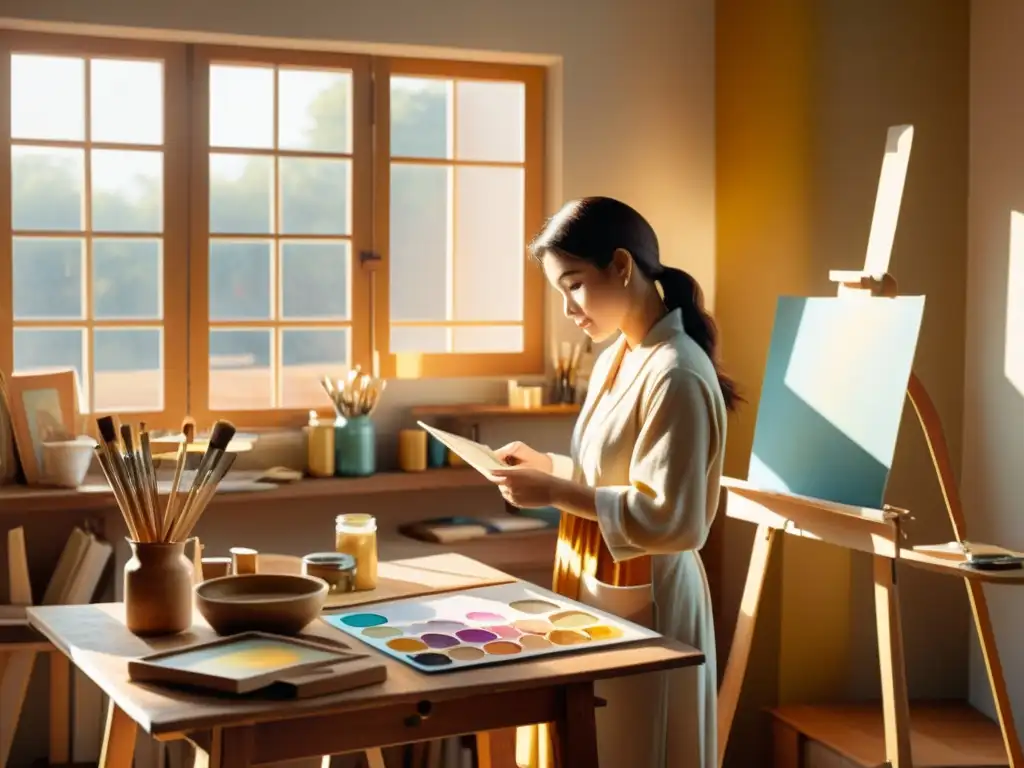 Un estudio de artista vintage con pinceles y paletas en una mesa de madera, un lienzo sobre un caballete y luz suave que entra por la ventana