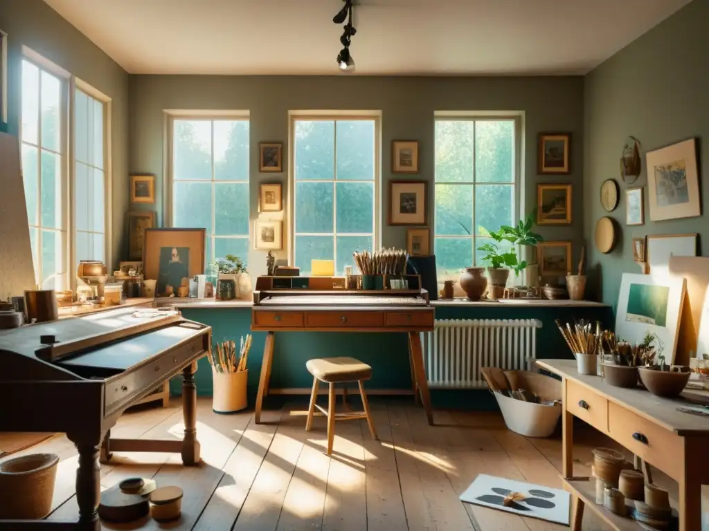 Un estudio de artista vintage con suelo de madera salpicado de pintura, luz natural y herramientas artísticas crea una atmósfera creativa