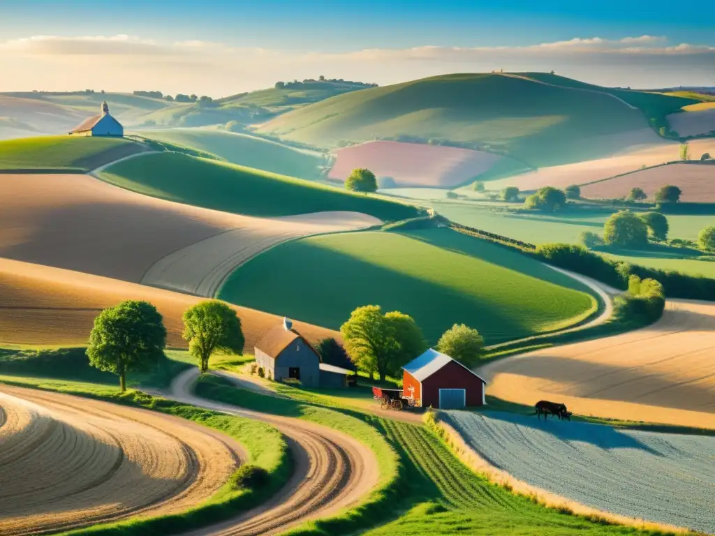 Una evocadora imagen vintage de un paisaje rural, con granjas, colinas y un labrador en arado