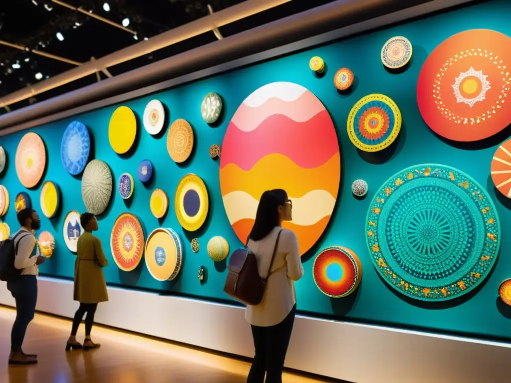 Exhibiciones interactivas de patrones artísticos en museo con colores vibrantes y detalles intrincados, creando una atmósfera inmersiva y dinámica