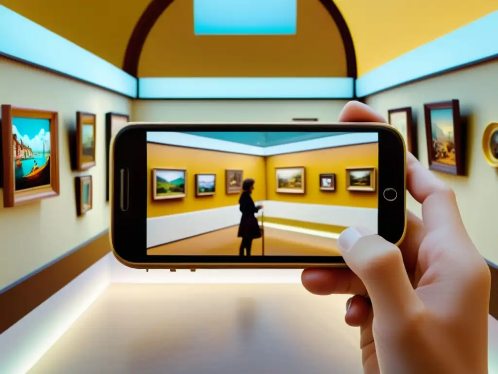 Una experiencia de arte en el bolsillo: una galería virtual en un smartphone muestra obras de arte clásicas, con visitantes en miniatura