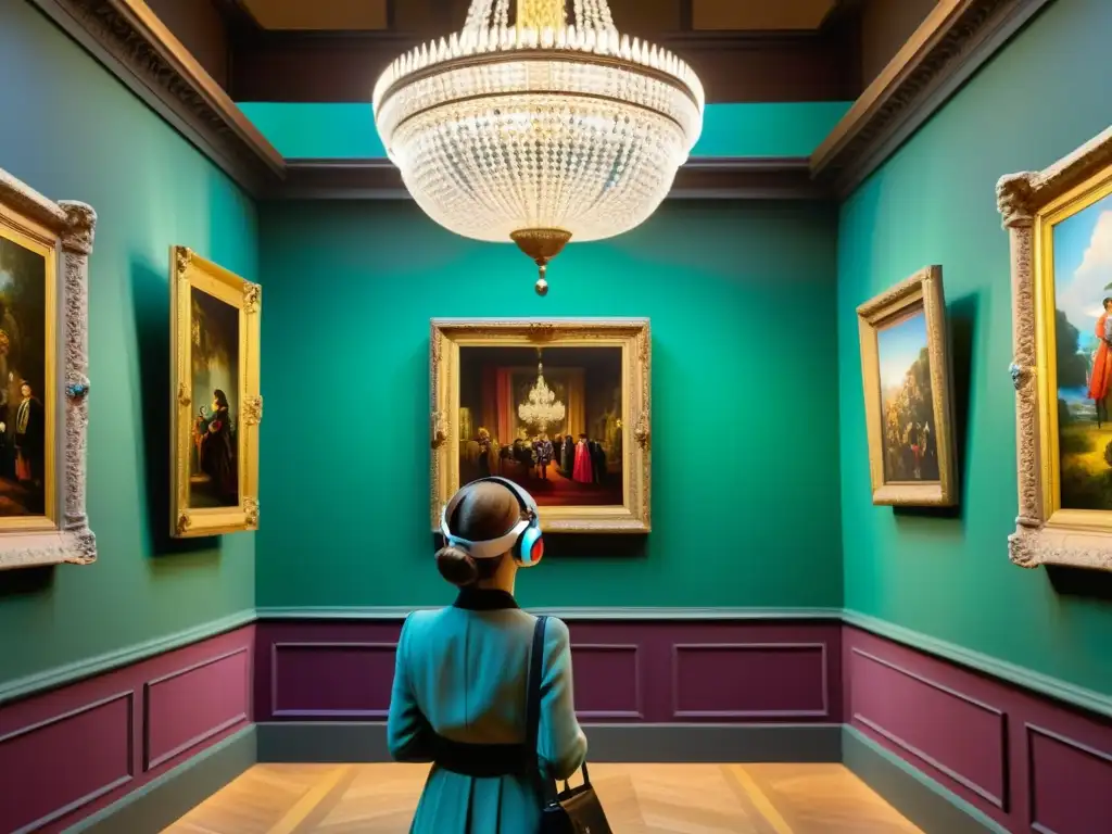 Exposición de arte virtual: maravilla vintage en 8k Experiencia de arte patrón realidad aumentada en virtual galería vintage con obras coloridas y visitantes asombrados