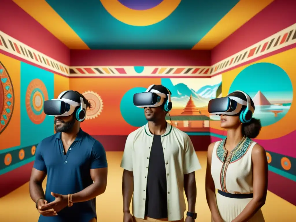 Realidad virtual vintage con patrones culturales Experiencias de realidad virtual con patrones culturales: Personas interactúan con entorno digital inspirado en herencia cultural