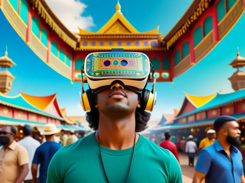 Realidad virtual entrelazada con patrones culturales Experiencias de realidad virtual con patrones culturales: Un headset vintage con patrones culturales en un mercado vibrante