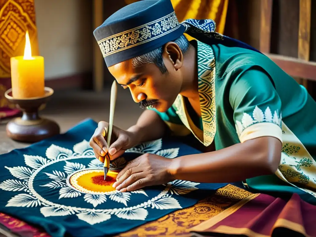 Un experimentado artesano en Yogyakarta aplica cuidadosamente cera a una tela, creando intrincados patrones de batik