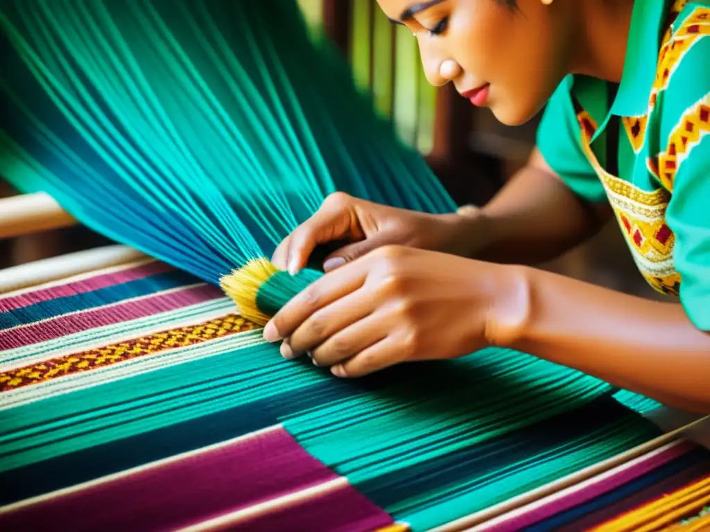 Experta tejedora indonesia crea un diseño de Ikat vibrante y detallado, reflejando la herencia cultural