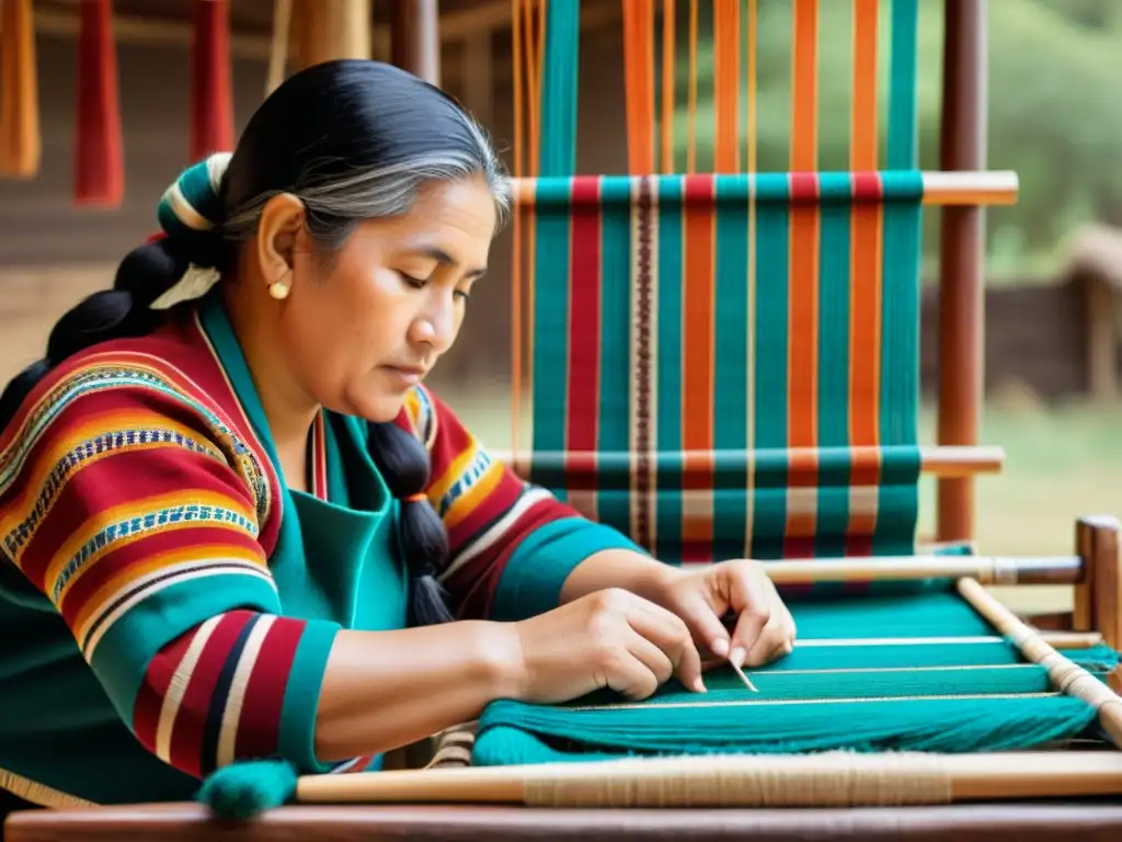 Una experta tejedora mapuche teje textiles tradicionales en un telar rodeada de vibrantes colores terrosos y patrones intrincados