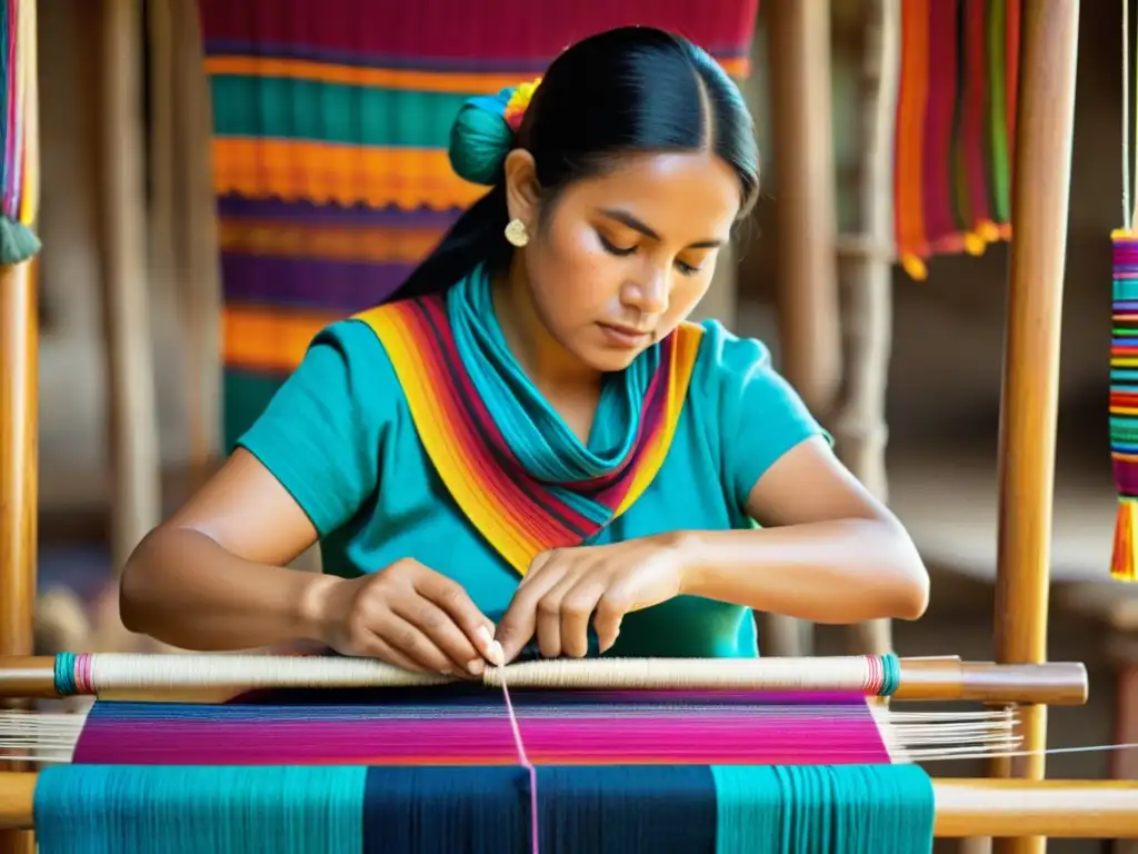 Experta tejedora maya tejiendo un textil colorido en telar tradicional, evocando significación cultural tejido maya