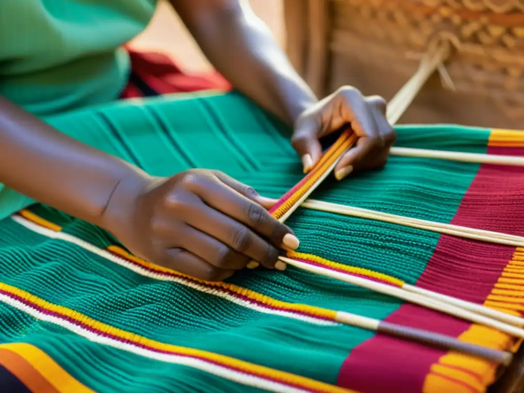 Experta tejedora Tiv creando patrones coloridos y simbólicos en textil tradicional, evocando la riqueza cultural y el simbolismo de los patrones Tiv