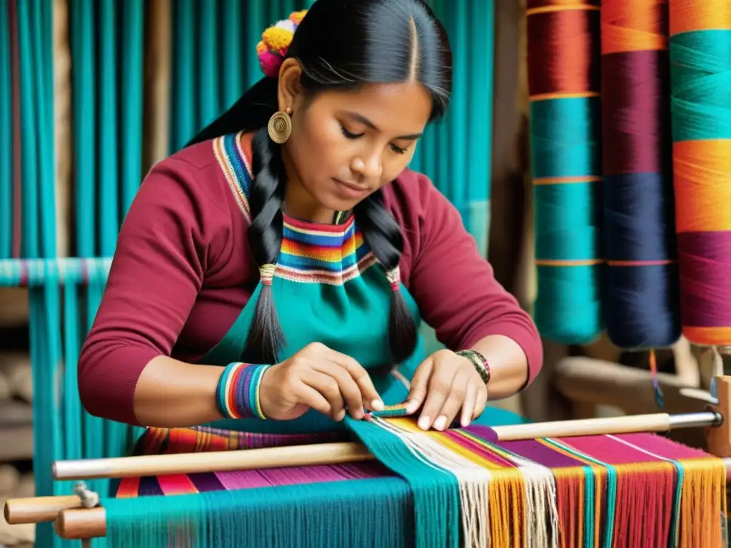 Experta tejedora peruana crea patrones textiles culturales peruanos en telar tradicional, rodeada de colores vibrantes