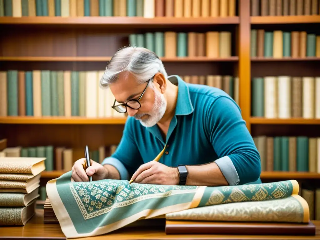 Un experto en arte inspecciona y autentica un delicado diseño textil vintage bajo cálida luz, rodeado de herramientas y libros antiguos