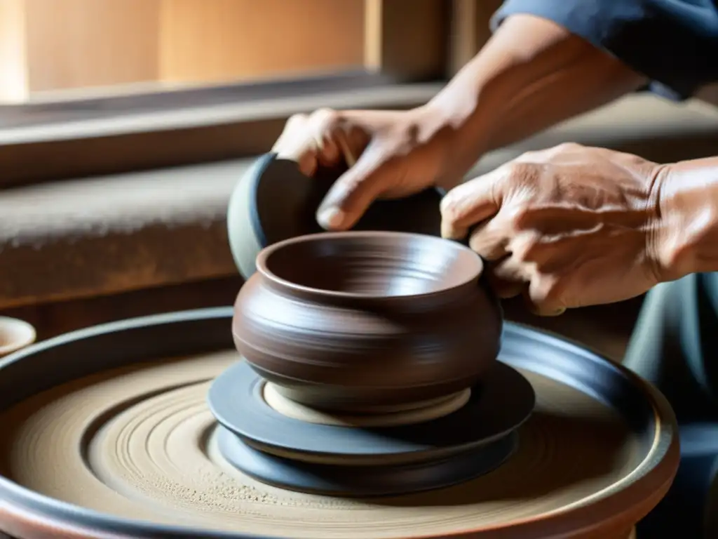 Un experto artesano moldea arcilla Bizenyaki con precisión, reflejando la técnica japonesa Bizenyaki esmalte en su forma más pura