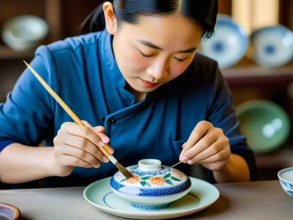 Un experto artesano en Jingdezhen, China, pinta con precisión diseños coloridos en fina porcelana, mostrando el arte cerámico único de la región