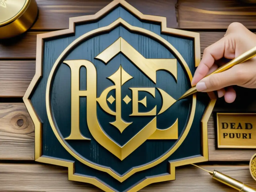 Un experto artesano aplica con cuidado detalles dorados a un logo geométrico sobre madera envejecida, creando una marca de identidad única y artesanal