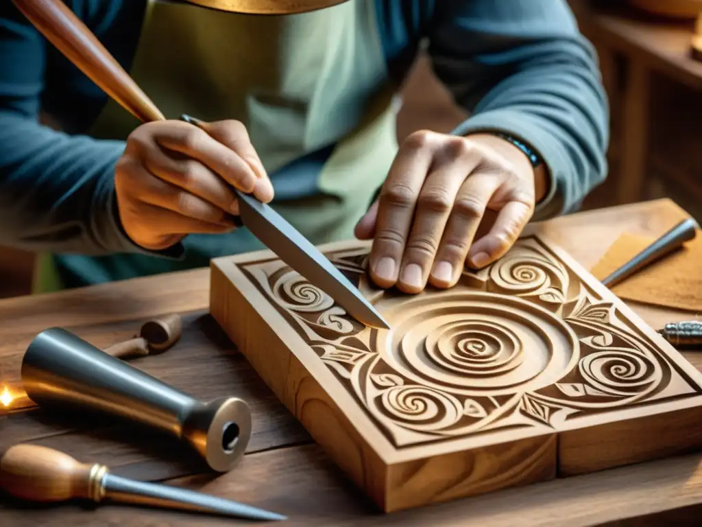 Un experto artesano talla con esmero un patrón en madera rodeado de herramientas antiguas, evocando la preservación de patrones artísticos globales