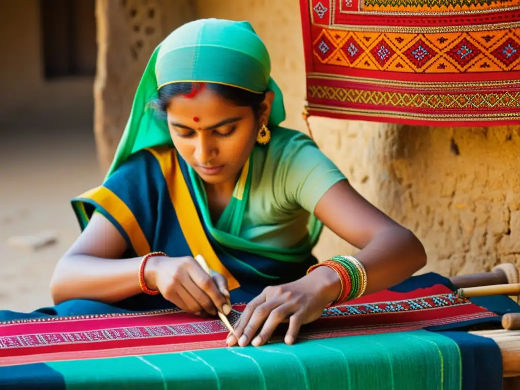 Un experto artesano de Gujarat, India, teje patrones geométricos en un tejido vibrante, mostrando la belleza y la destreza de la tradición textil