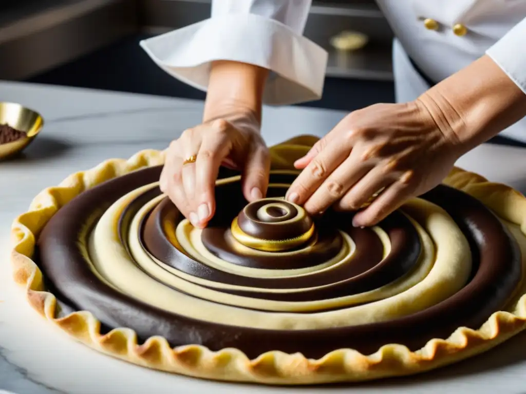 Un experto repostero crea con destreza patrones en la elaboración de rollos, mostrando la precisión y arte en su creación