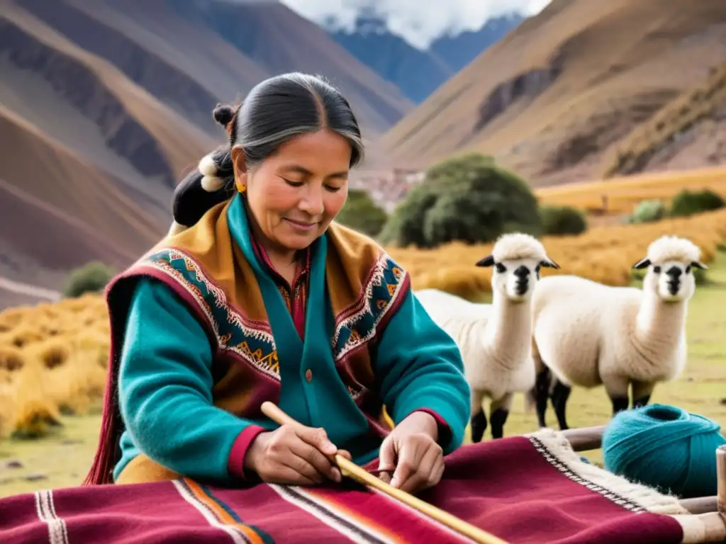 Experto tejedor andino entre montañas y llamas, tejiendo con fibras naturales vibrantes