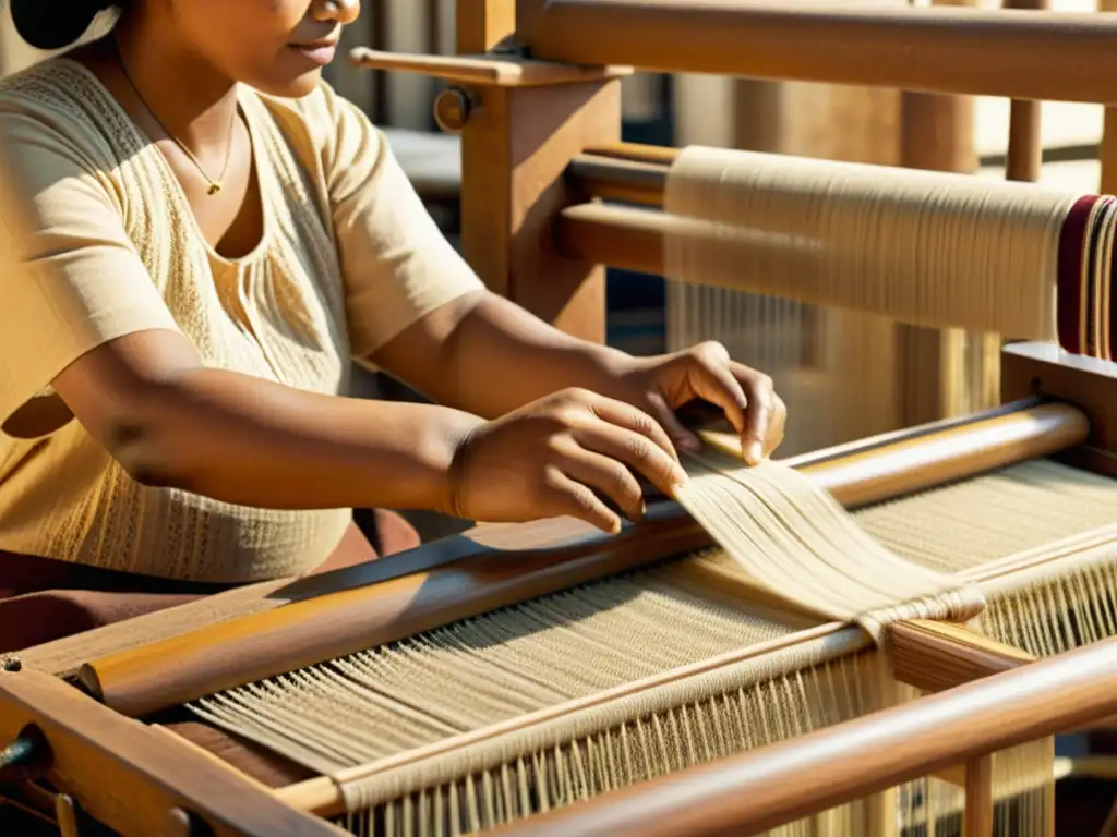 Experto en telares crea patrones en un taller vibrante, honrando culturas textiles alrededor del mundo