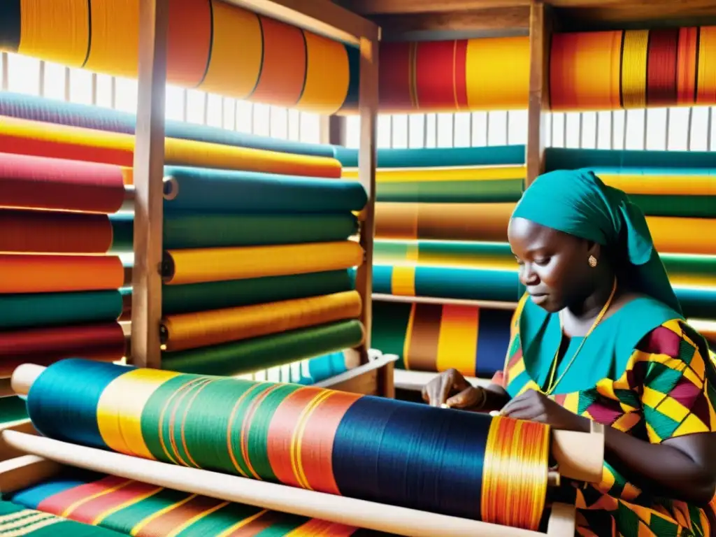 Expertos tejedores ghaneses crean patrones geométricos en kente africano, exhibiendo tradición y destreza artesanal