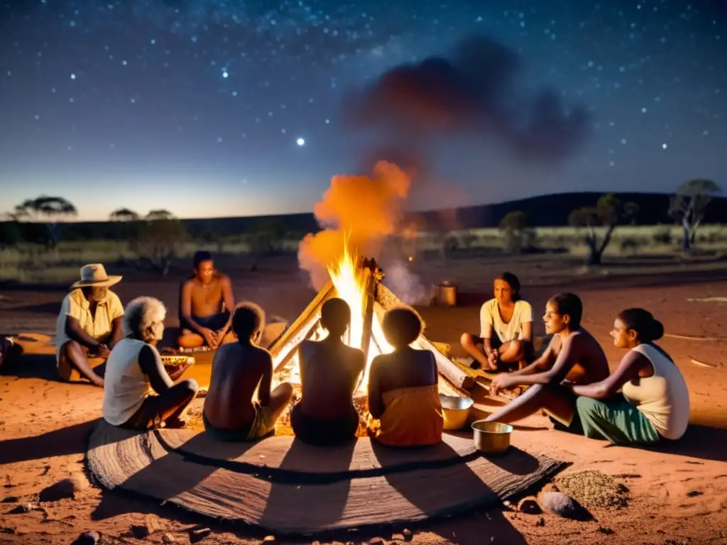 Exploración de diseños aborígenes australianos alrededor de un campamento bajo el cielo estrellado