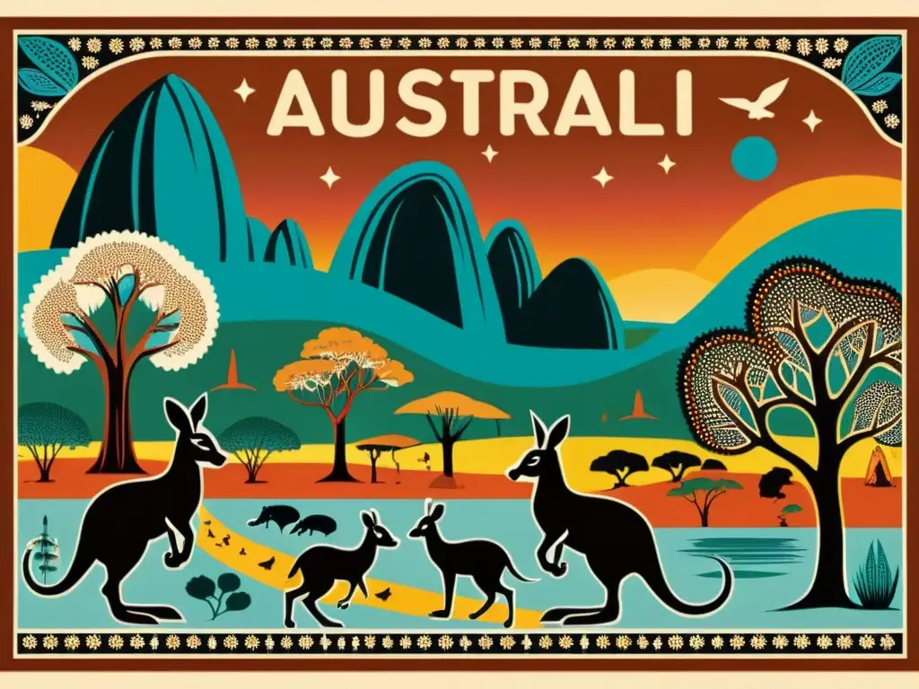 Exploración de diseños aborígenes australianos en un vibrante póster turístico vintage con paisaje outback, canguros y Uluru, evocando armonía natural y conexión a la tierra