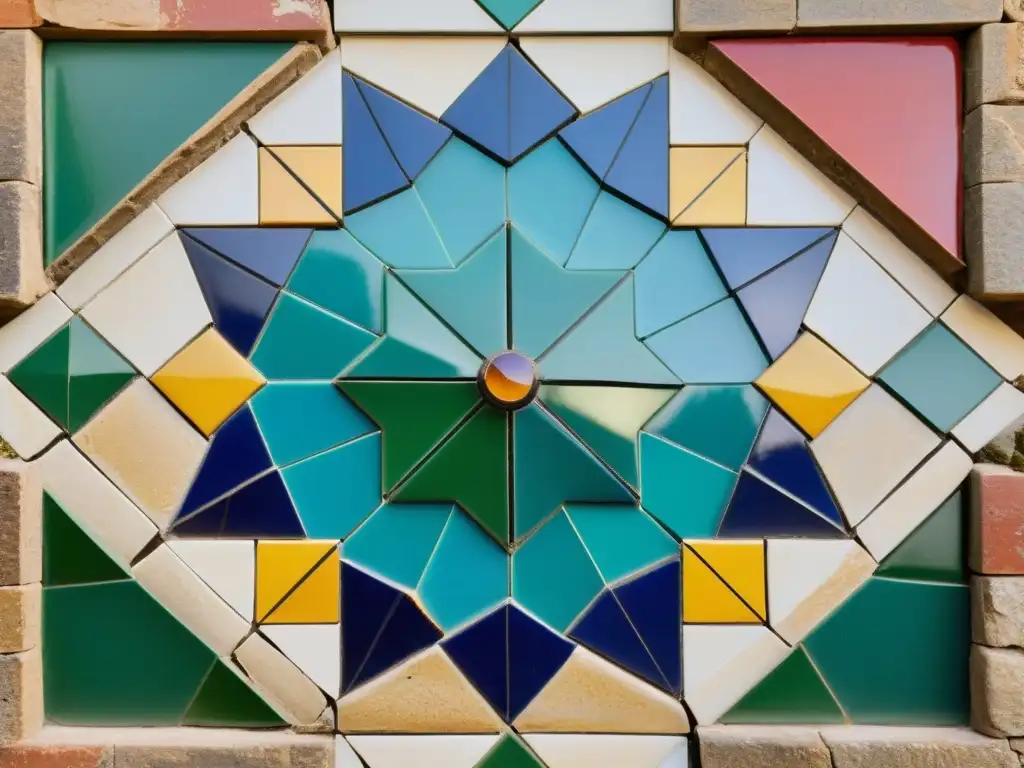 Exploración de mosaicos árabes: poesía visual de colores vibrantes y patrones geométricos en una antigua pared de piedra, bañados por la luz del sol