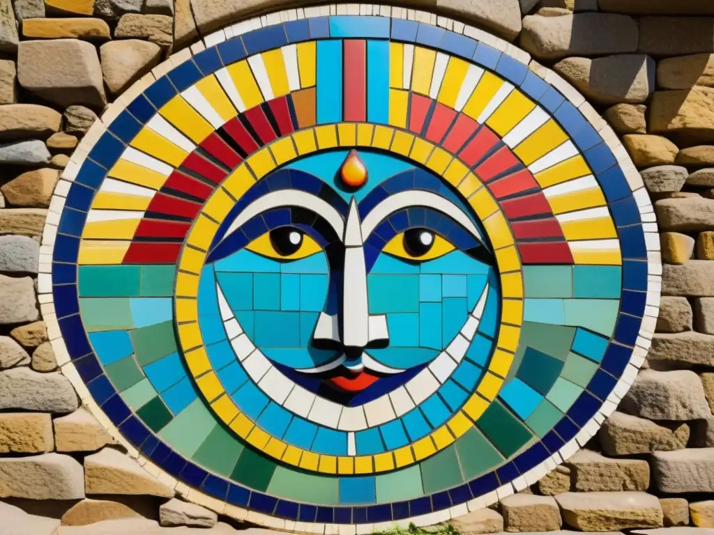 Mosaico colorido en pared de piedra: arte vintage Exploración de patrones artísticos culturales en vibrante mosaico vintage de colores, sobre pared de piedra iluminada por el sol