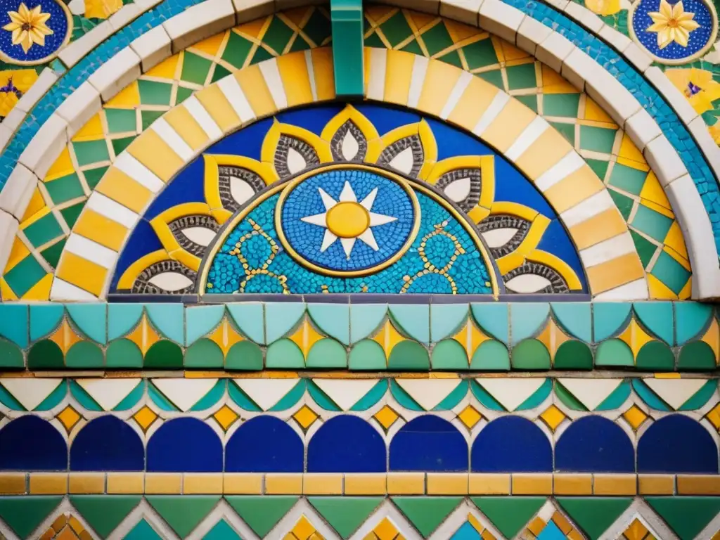 Muralla de mosaicos: Belleza histórica y colorido vibrante Exploración de patrones artísticos culturales en un muro de mosaicos en una ciudad europea histórica