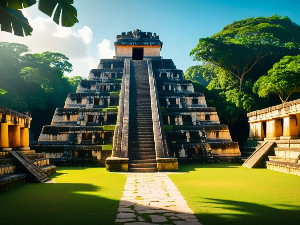 Exploración de patrones étnicos en realidad aumentada: vista única de un templo maya antiguo, iluminado por cálida luz solar entre exuberante vegetación tropical